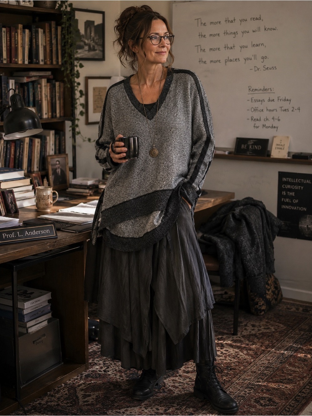 Women's light and dark gray V-neck oversized extra large sweater.